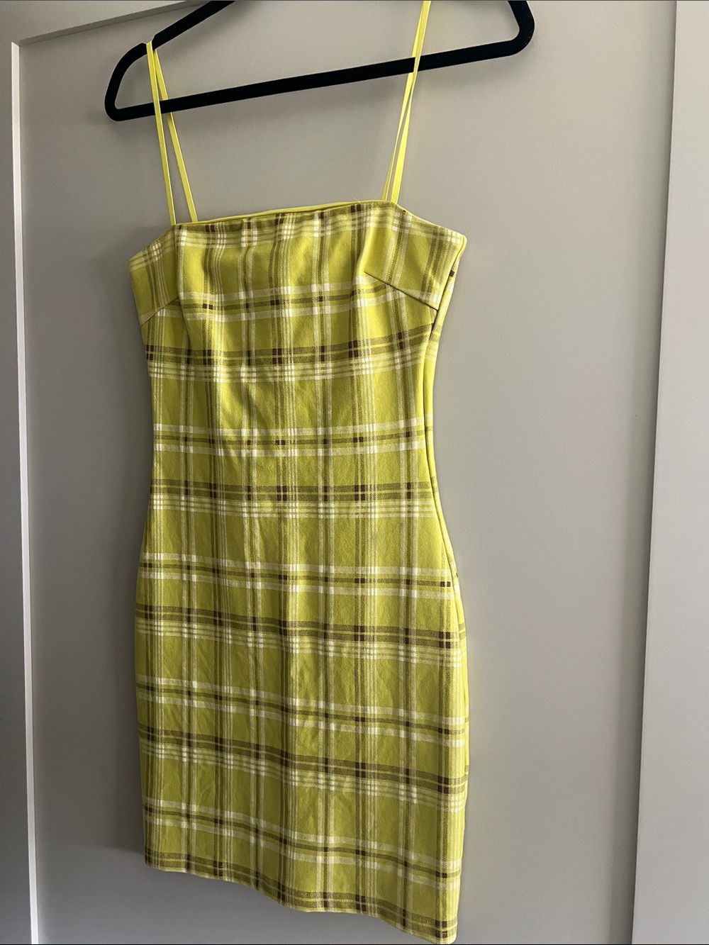Yellow Plaid Spaghetti-Strap Midi Dress